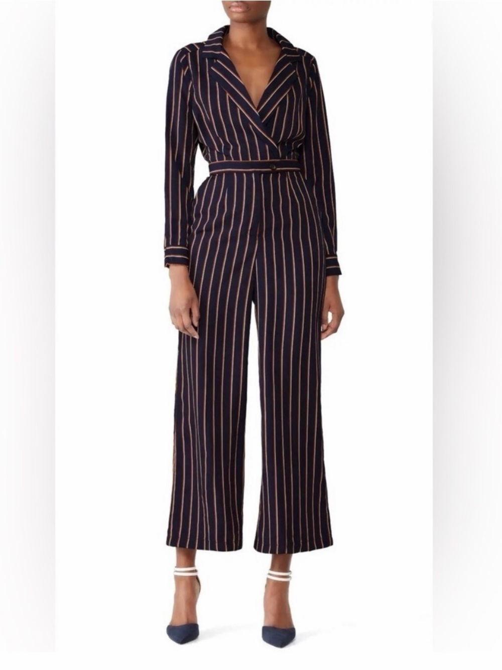 Astr Navy and White Long Sleeve Jumpsuit